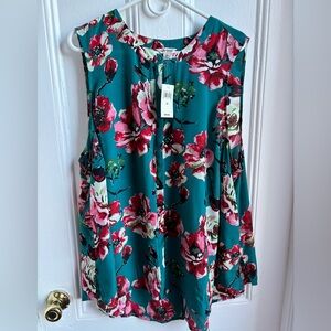 Lucky Brand 100% silk green floral button town sleeveless blouse tank top 3X